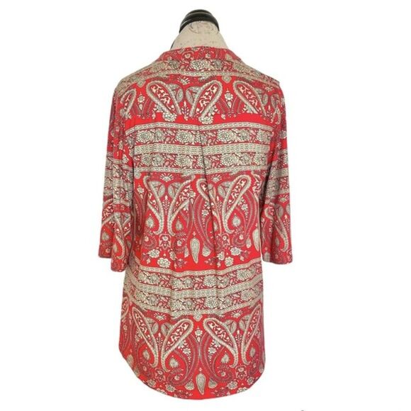 A. Jesdani Womens Blouse Top Paisley Red Size Medium Button Rolled Tab Sleeves - Picture 3 of 13